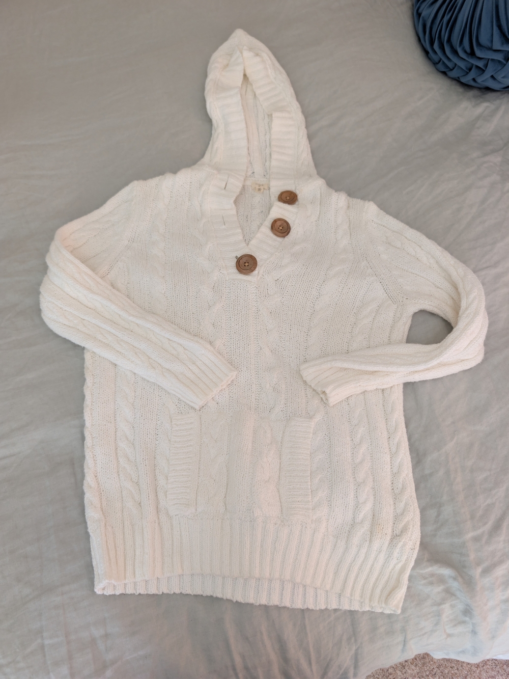 Women's Cream Cable-Knit Hooded Sweater with Button Detail
